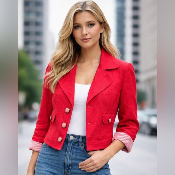 Peter Nygard Jackets & Blazers - Vintage Nygard Red Linen Blazer Cropped Button Jacket Size 10